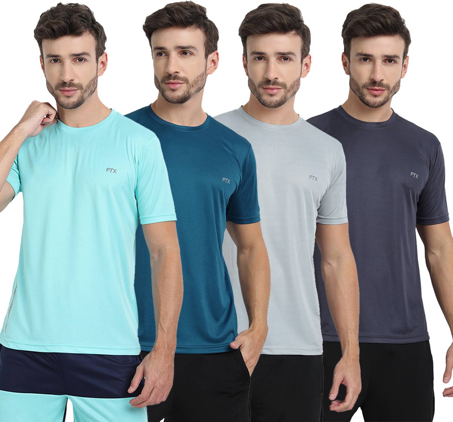 FTX Pack of 4 Men Solid Round Neck Polyester Multicolor T-Shirt