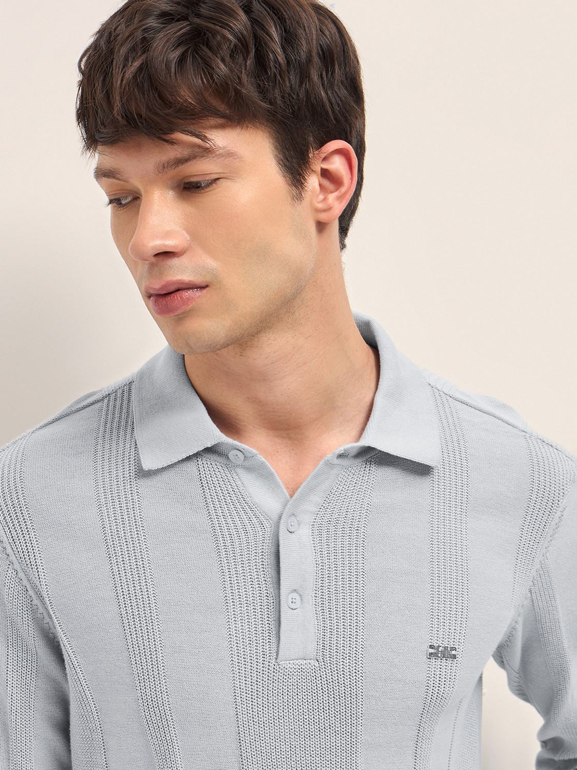 Image of THE BEAR HOUSE Striped Men Polo Neck Grey T-Shirt