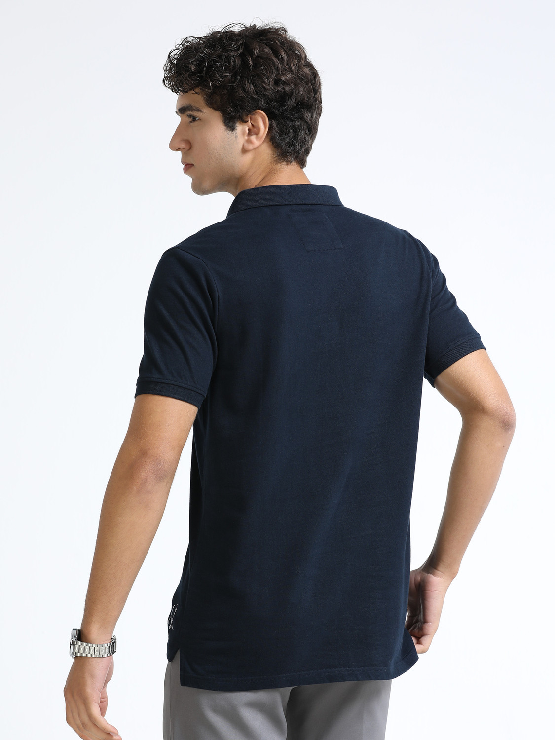 Image of estuna Solid Men Polo Neck Navy Blue T-Shirt