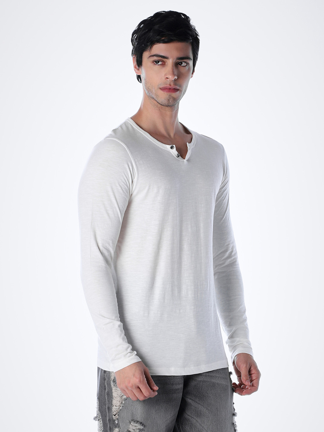 Image of JACK & JONES Solid Men Henley Neck White T-Shirt