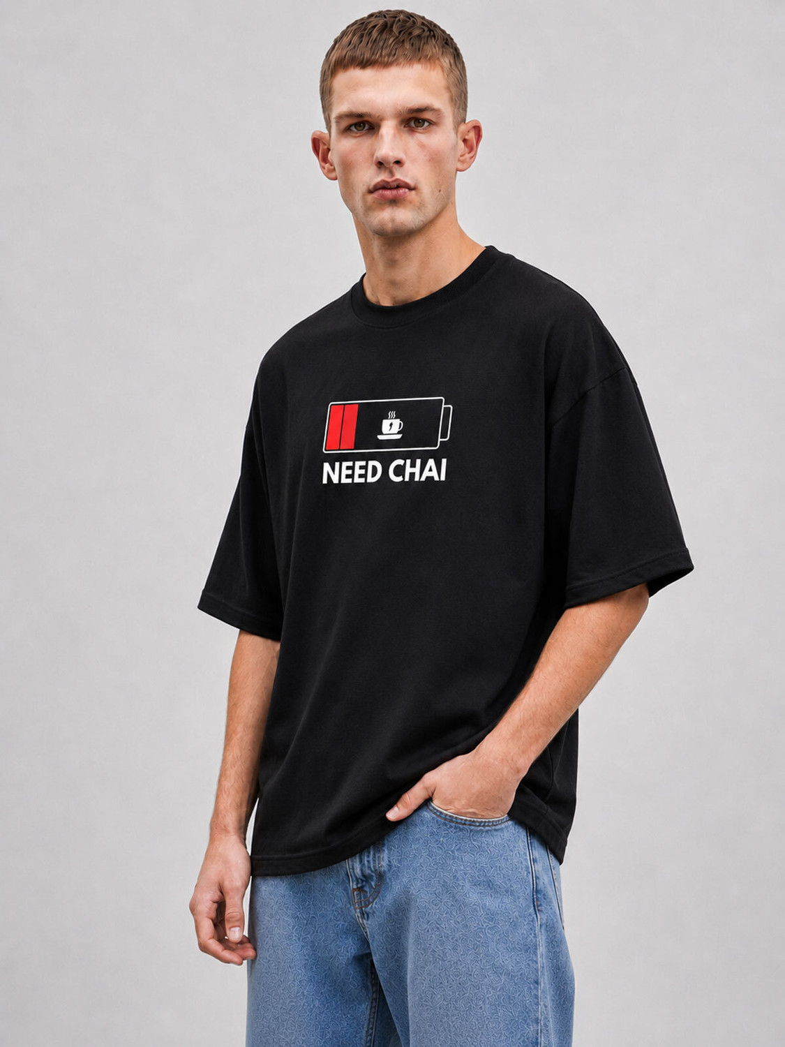 Image of FROTYFIVE Printed Men Round Neck Black T-Shirt