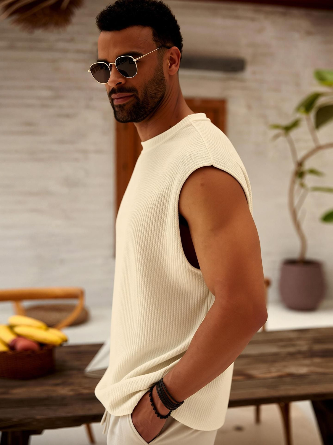 Image of KAJARU Self Design Men Round Neck Beige T-Shirt