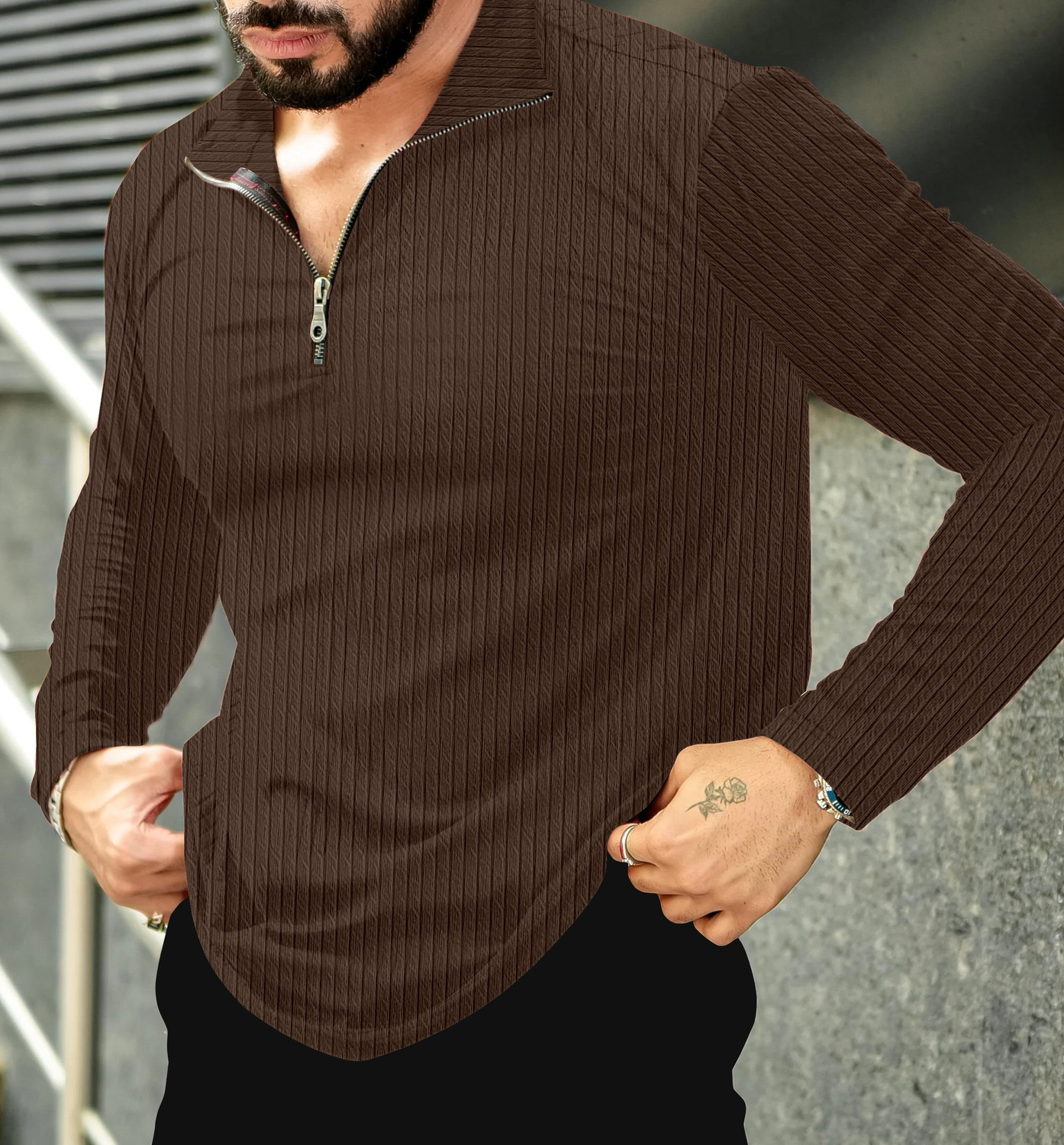 Image of KAJARU Self Design Men Polo Neck Brown T-Shirt