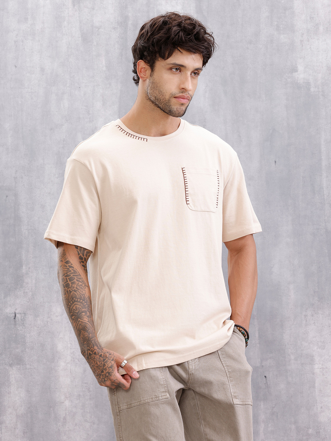 Image of WROGN Embroidered Men Crew Neck Beige T-Shirt