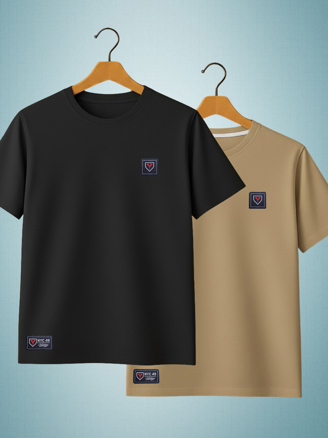 Image of Yazole Solid Men Round Neck Black, Beige T-Shirt
