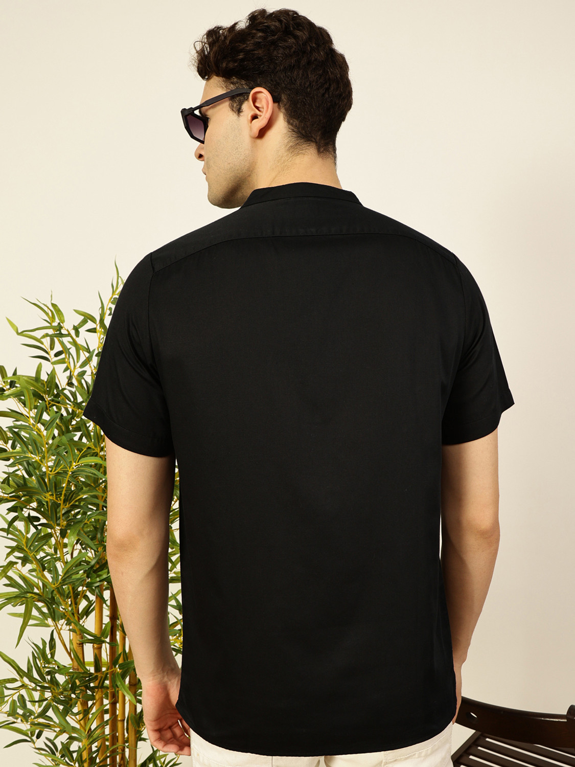 Image of THOMAS SCOTT Solid Men Mandarin Collar Black T-Shirt