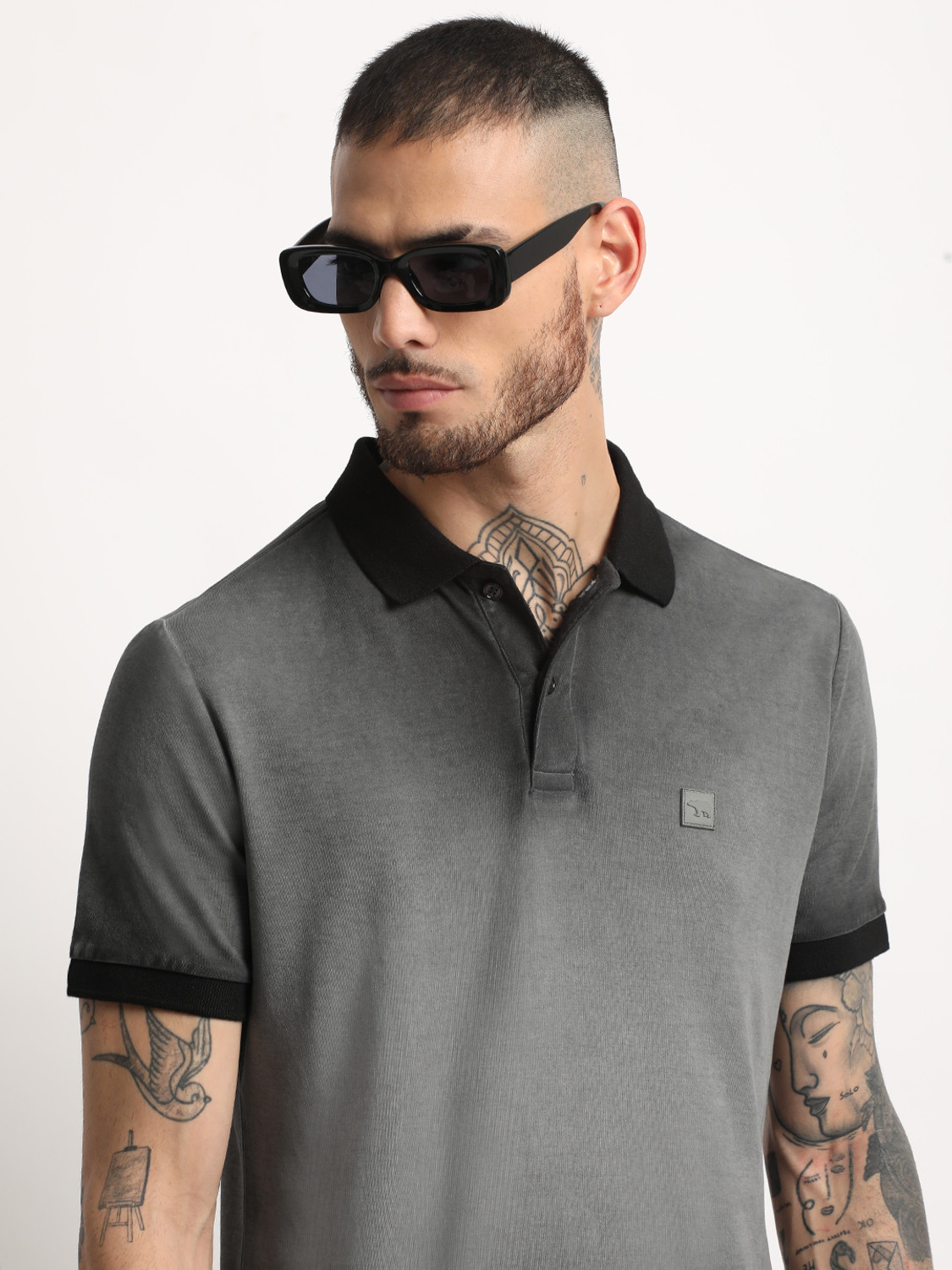 Image of THE BEAR HOUSE Solid Men Polo Neck Grey T-Shirt