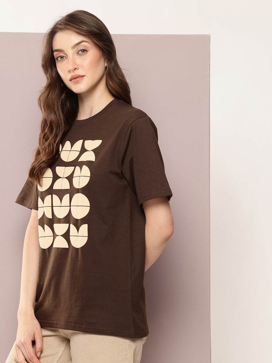 Image of Deklook Printed Women Round Neck Brown T-Shirt