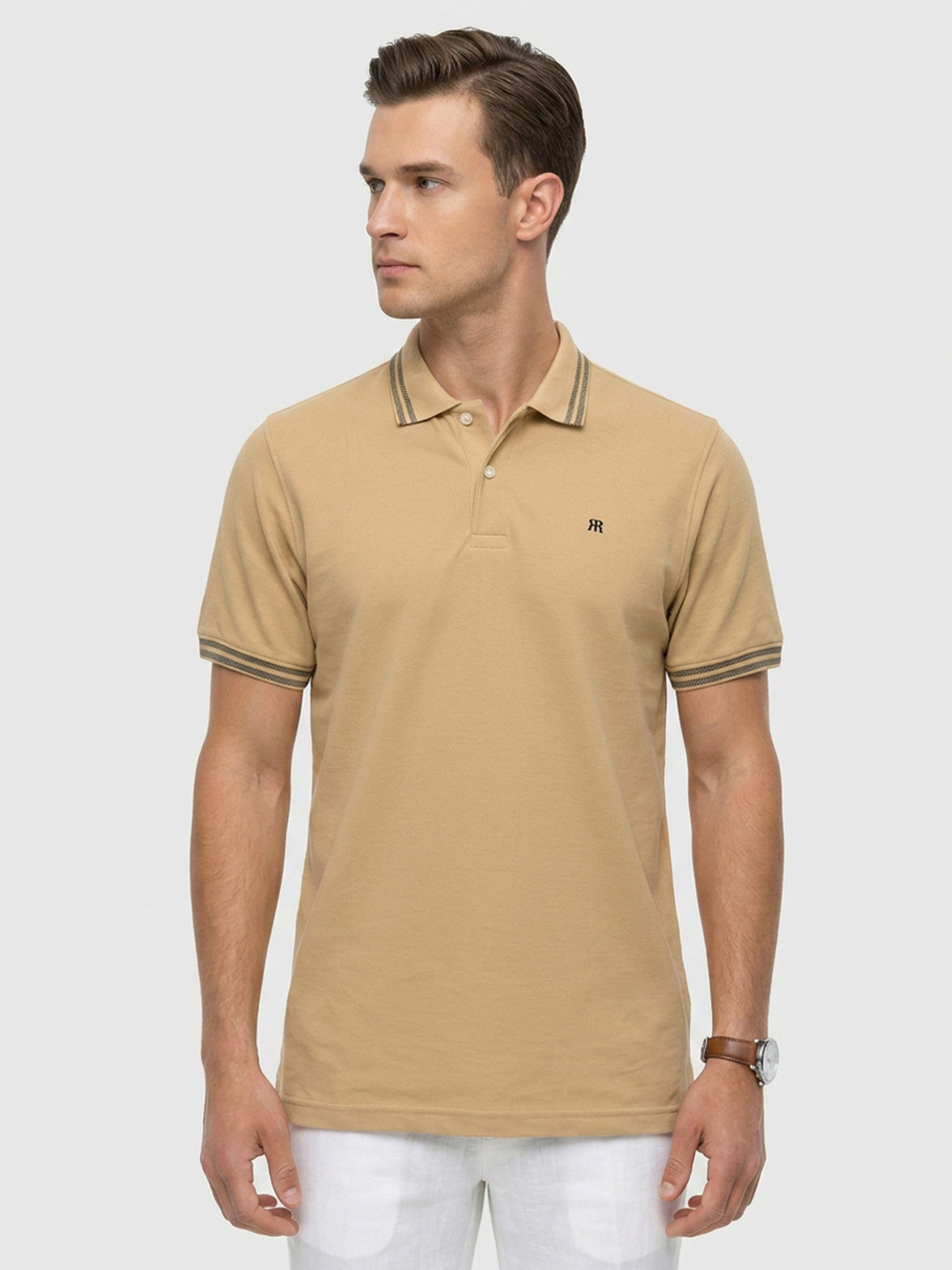 Image of Raymond Men Solid Polo Neck Pure Cotton Beige T-Shirt