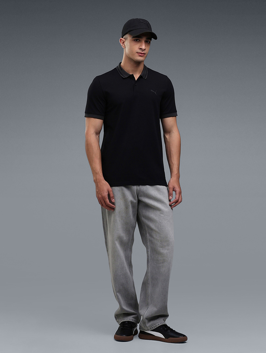 Image of PUMA Men Solid Polo Neck Cotton Blend Black T-Shirt