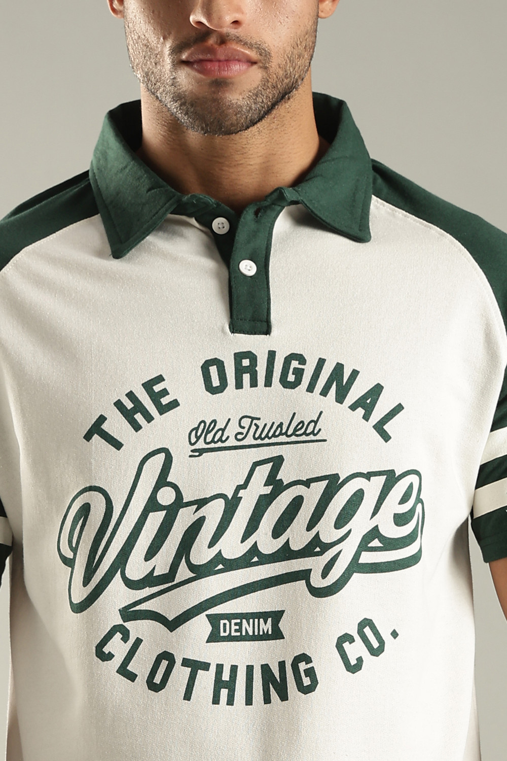 Image of SHINX Printed Men Polo Neck White, Dark Green T-Shirt
