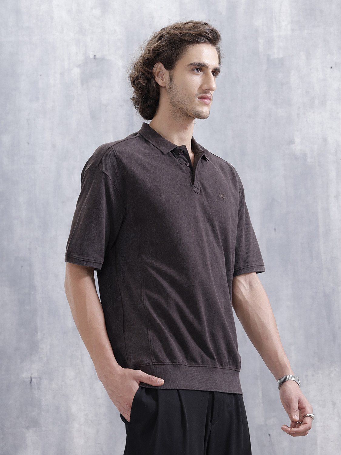 Image of WROGN Washed Men Polo Neck Brown T-Shirt