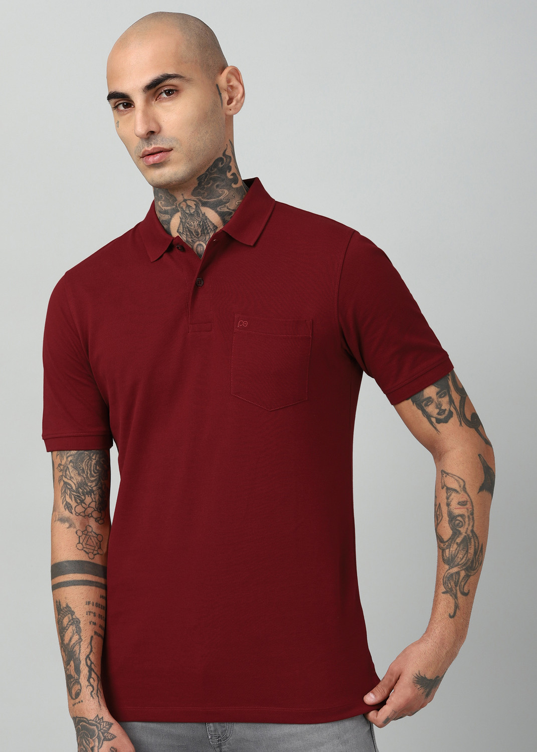 Image of PETER ENGLAND Solid Men Polo Neck Maroon T-Shirt