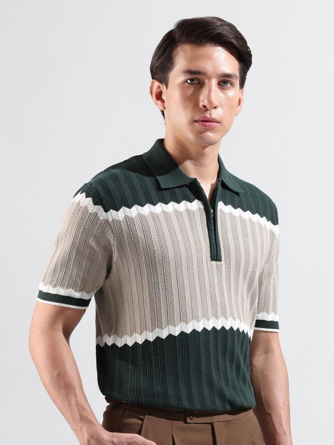 Image of The Indian Garage Co. Self Design Men Polo Neck Green T-Shirt