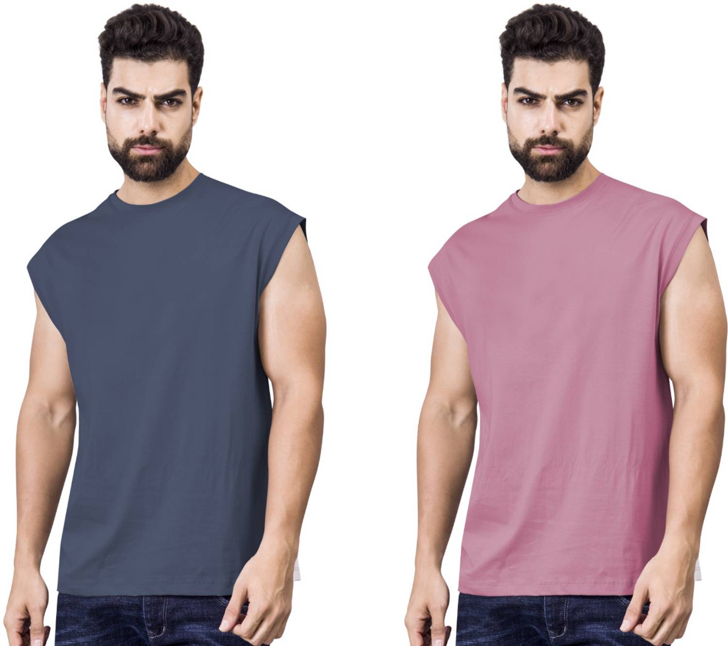 I&D Pack of 2 Men Solid Round Neck Pure Cotton Multicolor T-Shirt