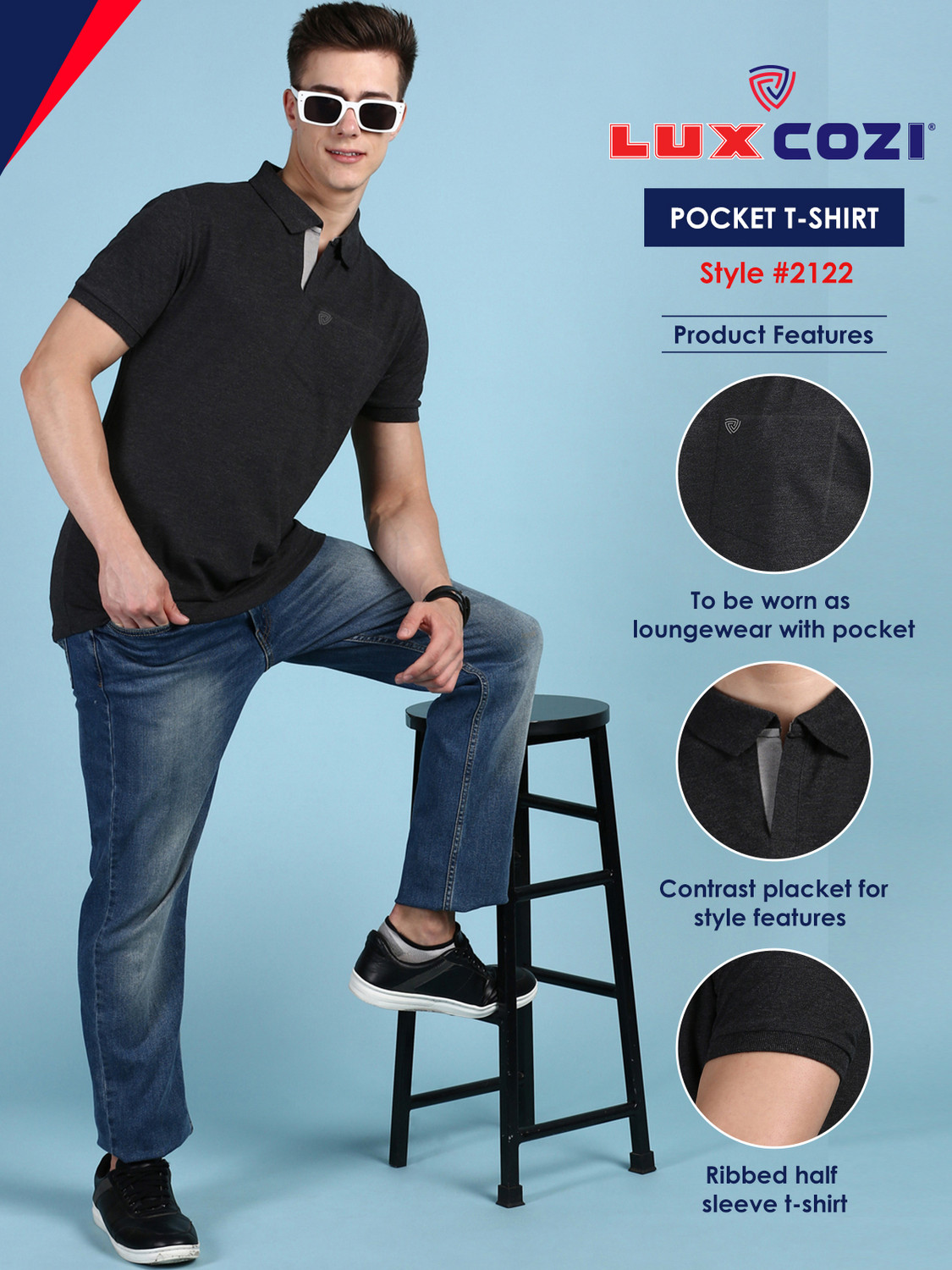 Image of LUX cozi Solid Men Polo Neck Black T-Shirt