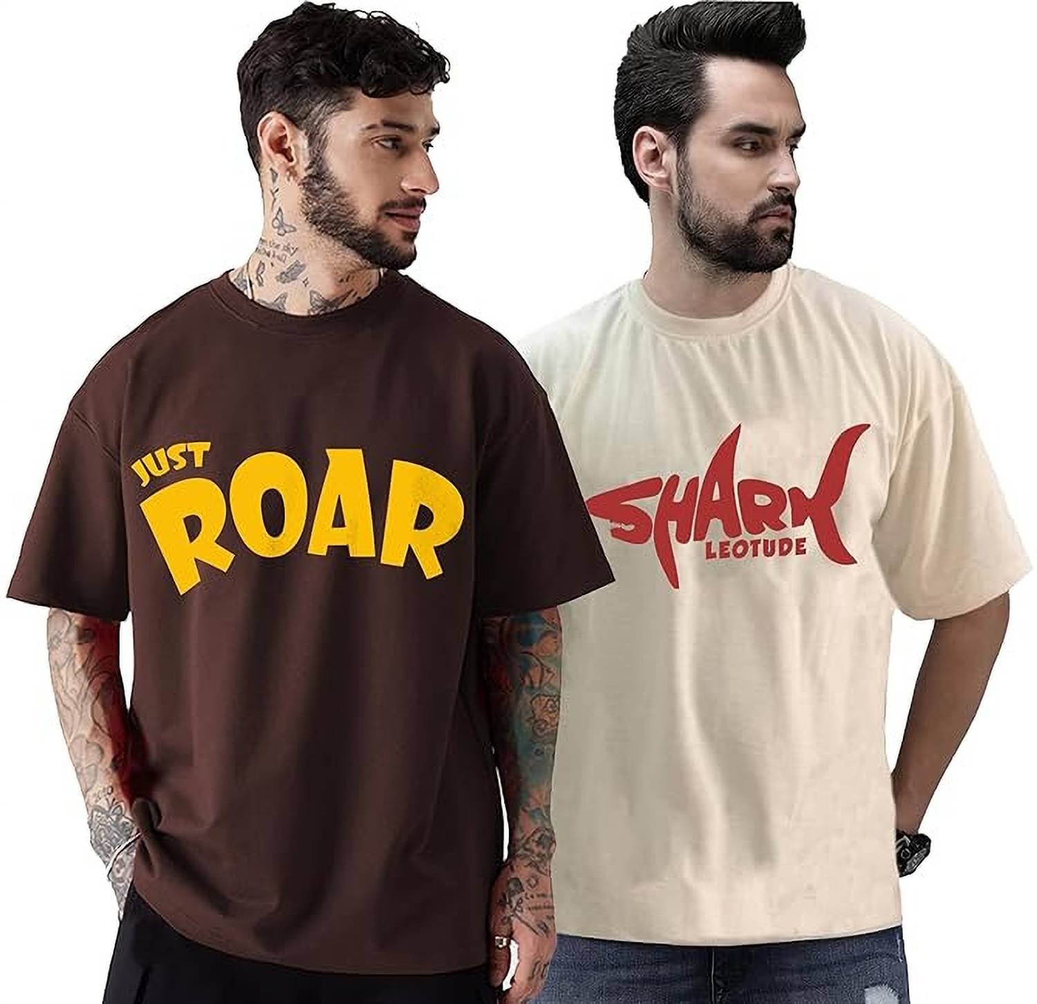 Leotude Pack of 2 Men Printed Round Neck Cotton Blend Brown, Beig
