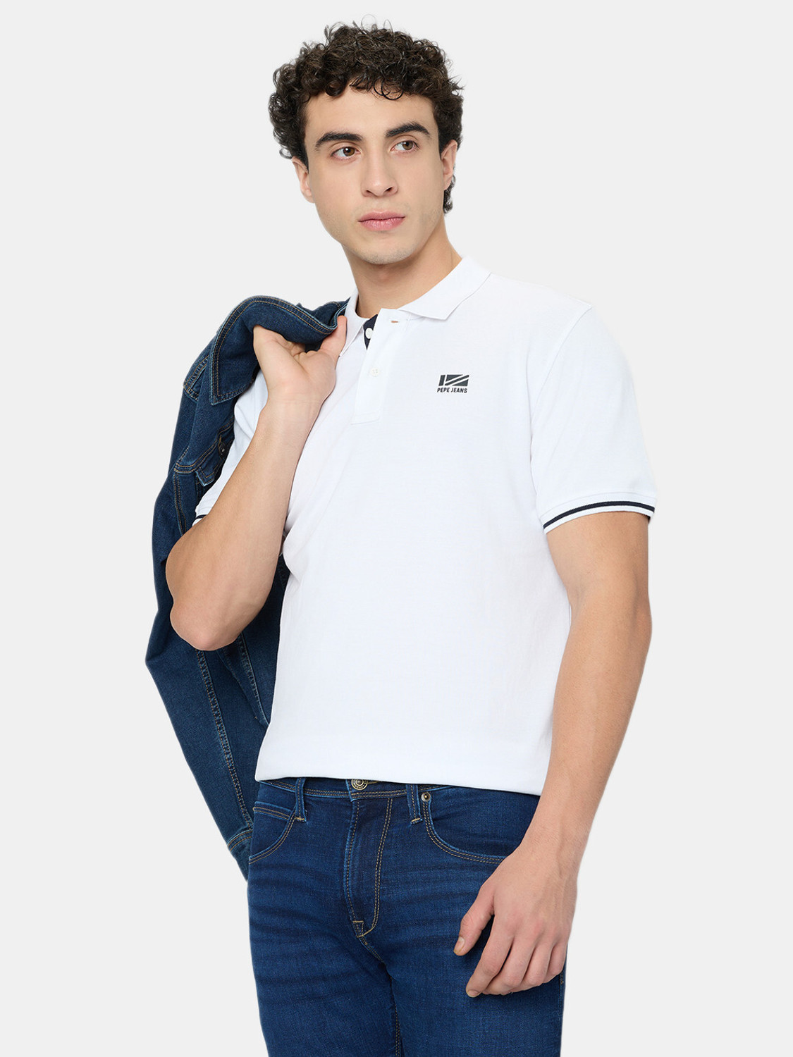 Image of Pepe Jeans Self Design, Abstract Men Polo Neck White T-Shirt