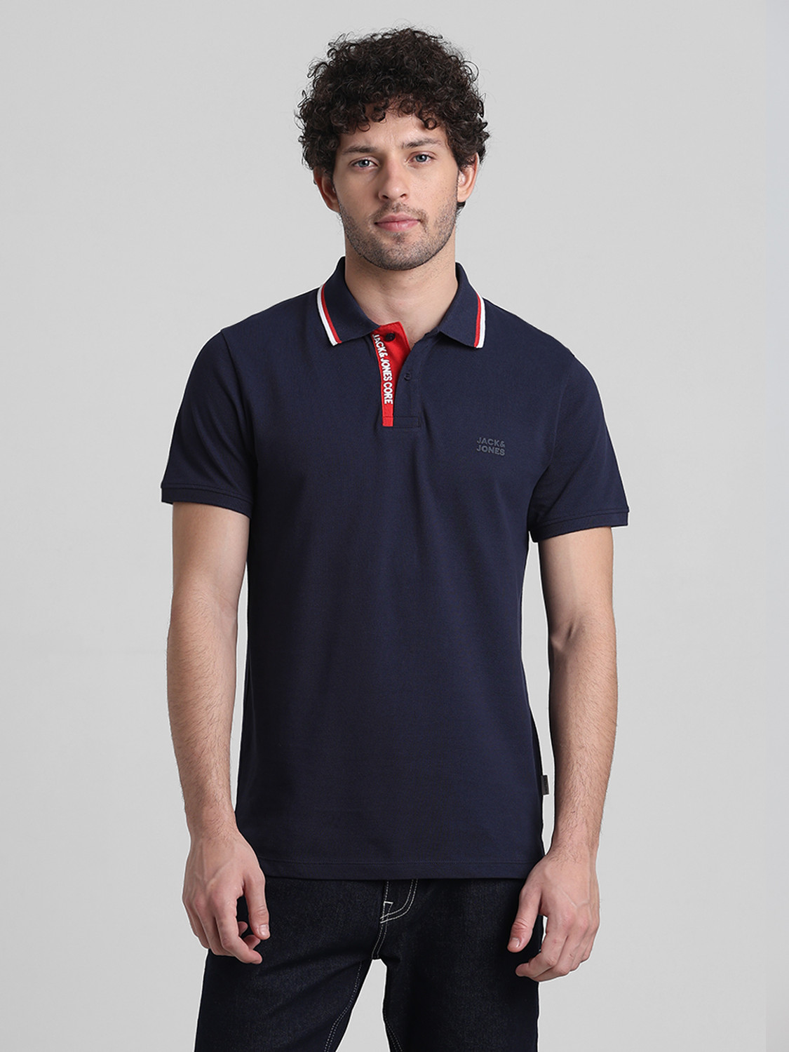 Image of JACK & JONES Solid Men Polo Neck Dark Blue T-Shirt