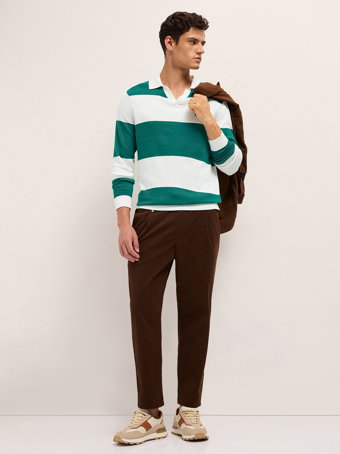 Image of THE BEAR HOUSE Striped Men Polo Neck White, Green T-Shirt