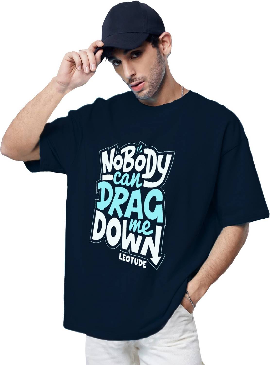Leotude Men Printed Round Neck Cotton Blend Blue T-Shirt