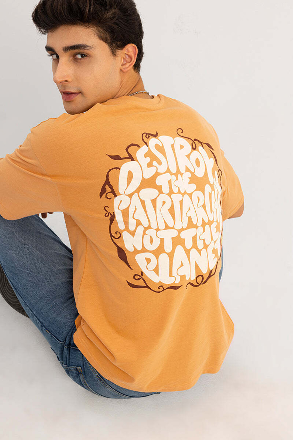 Image of HELL BOUND Typography Men Round Neck Beige, Yellow T-Shirt
