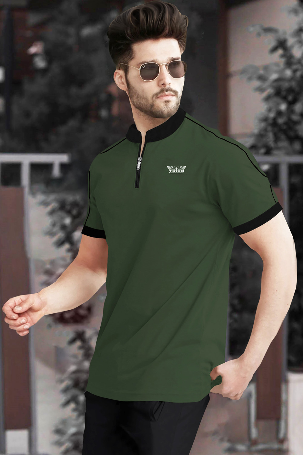 Image of TRIPR Solid Men Mandarin Collar Dark Green T-Shirt
