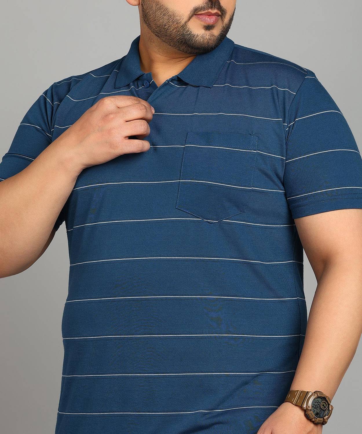 INKKR Men Striped Polo Neck Cotton Blend Navy Blue T-Shirt