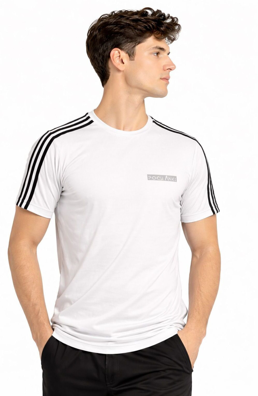 Image of Pochanki Striped Men Round Neck White T-Shirt