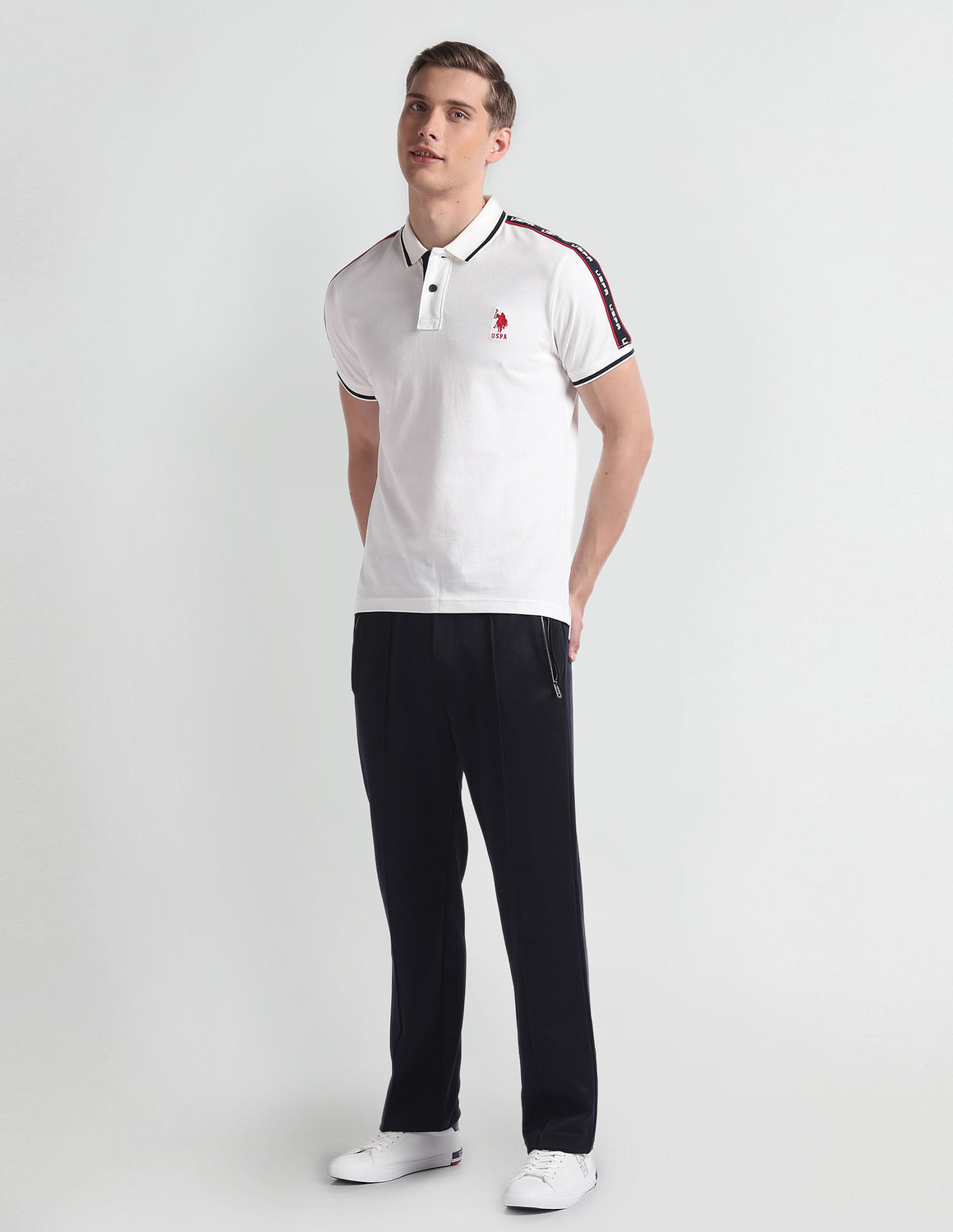 Image of U.S. Polo Assn. Denim Co. Solid Men Polo Neck White T-Shirt