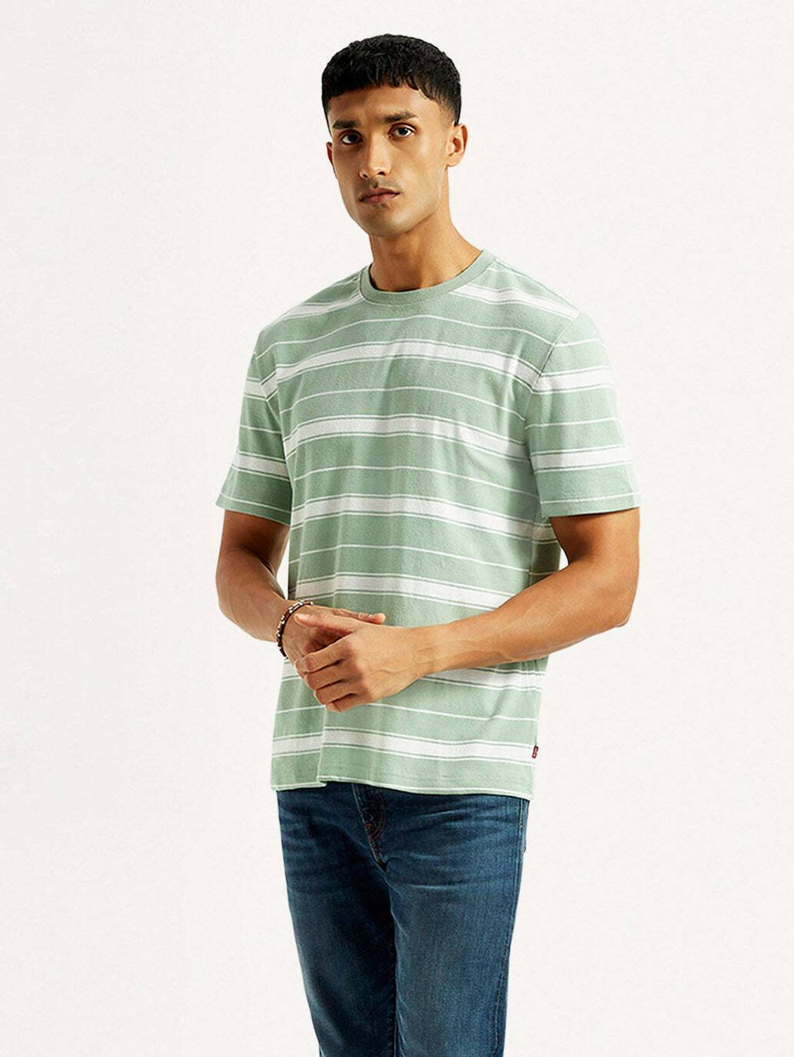 LEVI'S Men Striped Crew Neck Cotton Blend Green T-Shirt