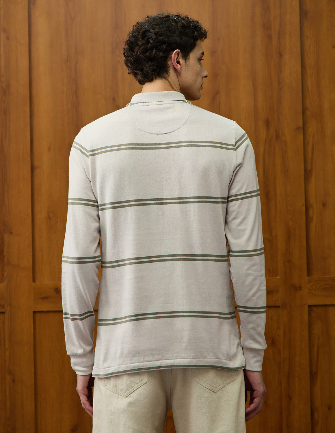 Image of U.S. POLO ASSN. Striped Men Polo Neck Beige T-Shirt
