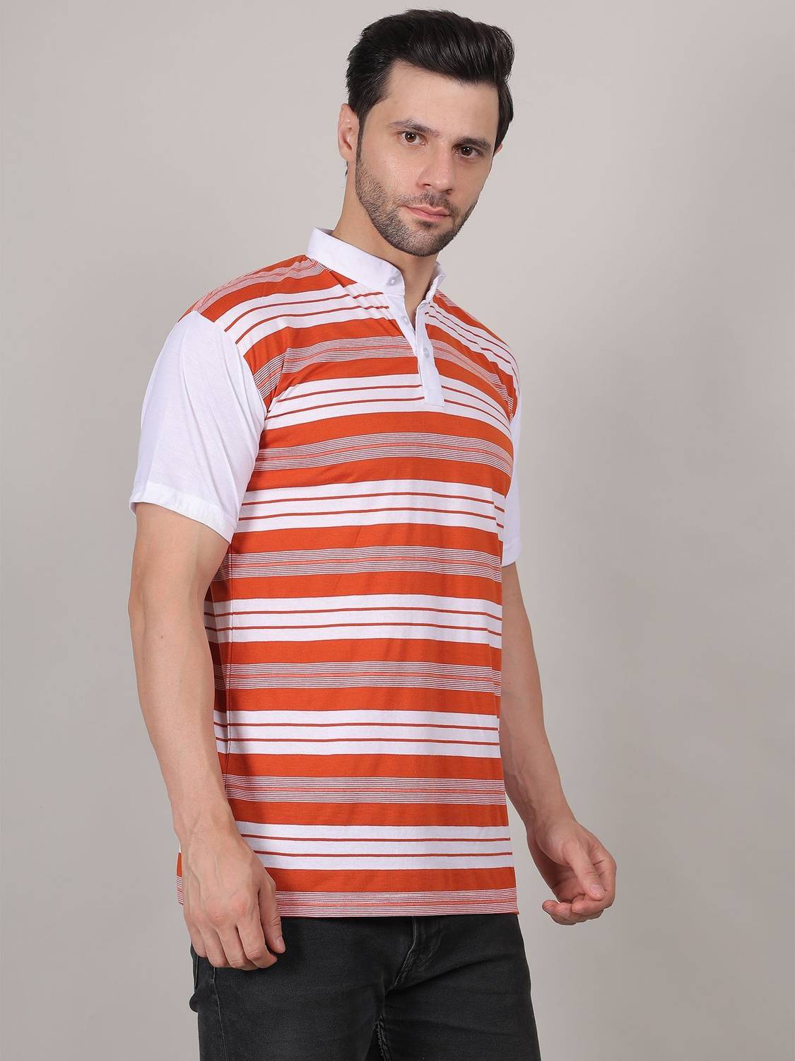 AHMED CREATION Striped Men Mandarin Collar Red T-Shirt