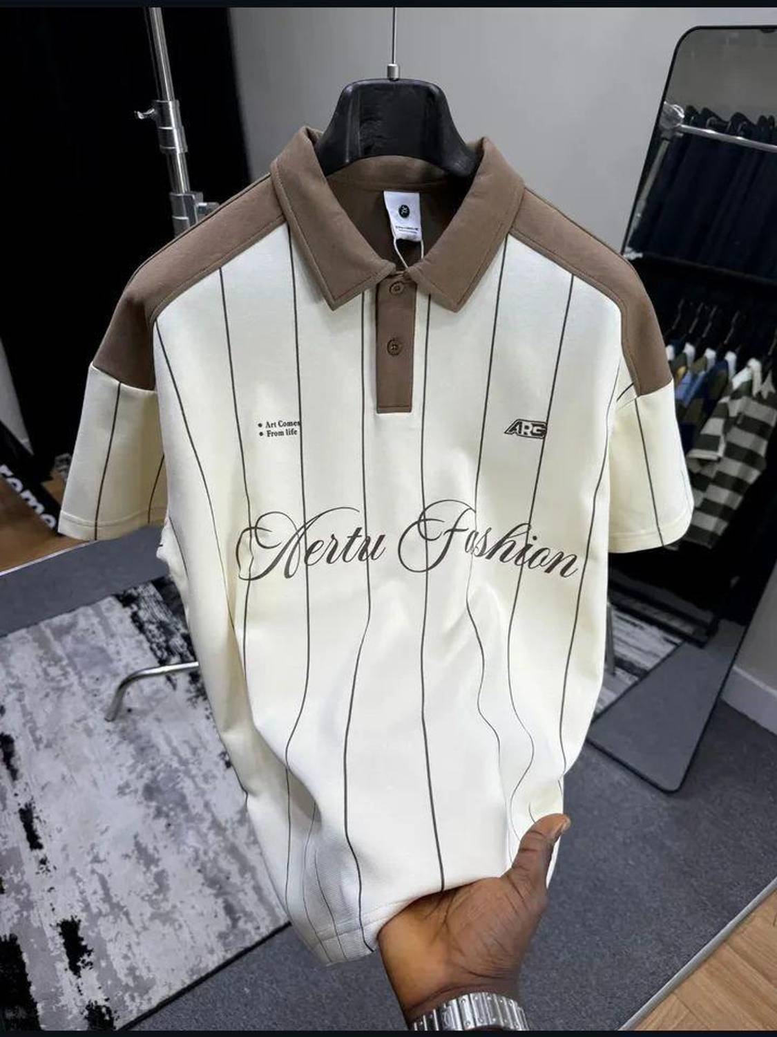 WOMENPRIDE Striped Polo Neck Brown T-Shirt - Image 1