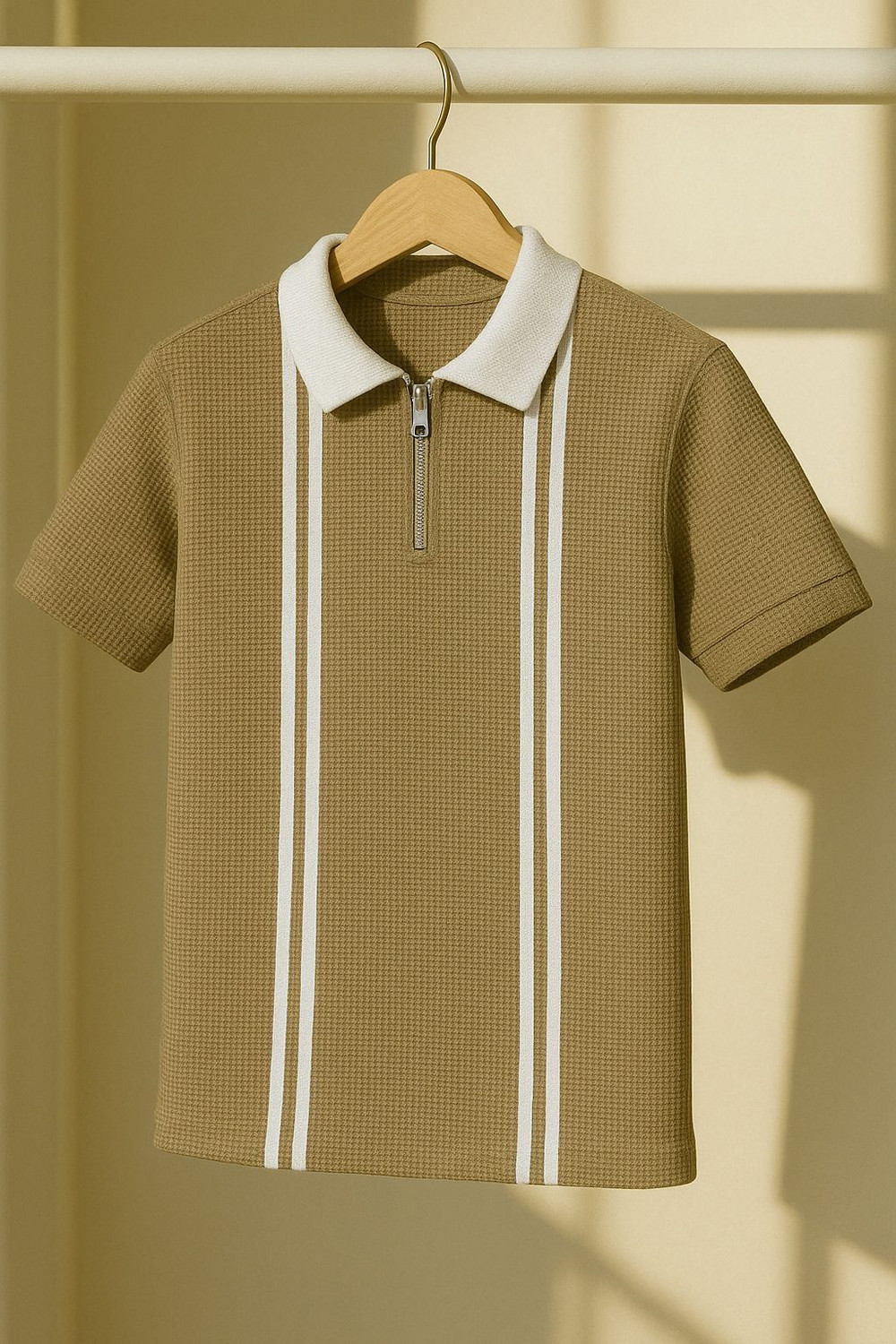 Image of Try This Striped Men Polo Neck Brown, White T-Shirt