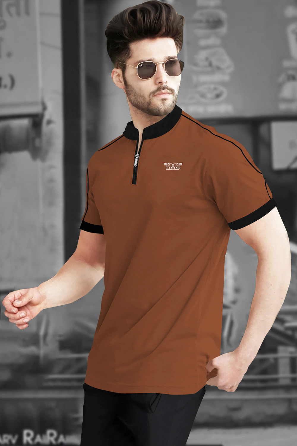 Image of TRIPR Solid Men Henley Neck Brown, Black T-Shirt