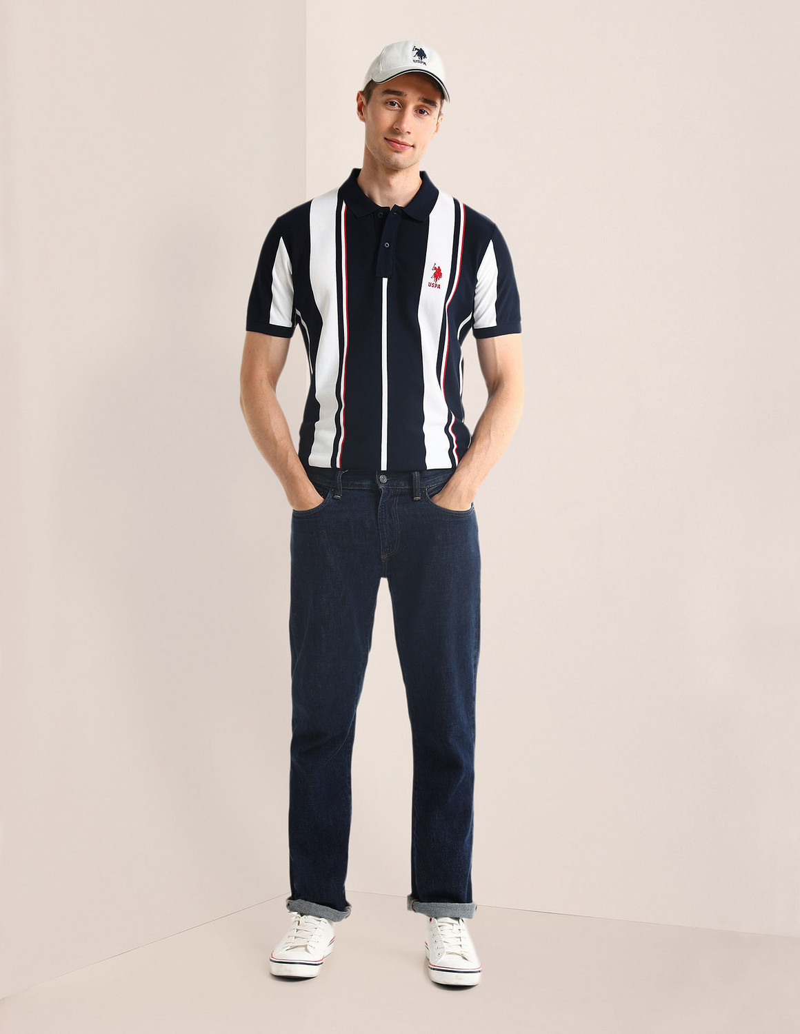 Image of U.S. POLO ASSN. Striped Men Polo Neck Blue T-Shirt