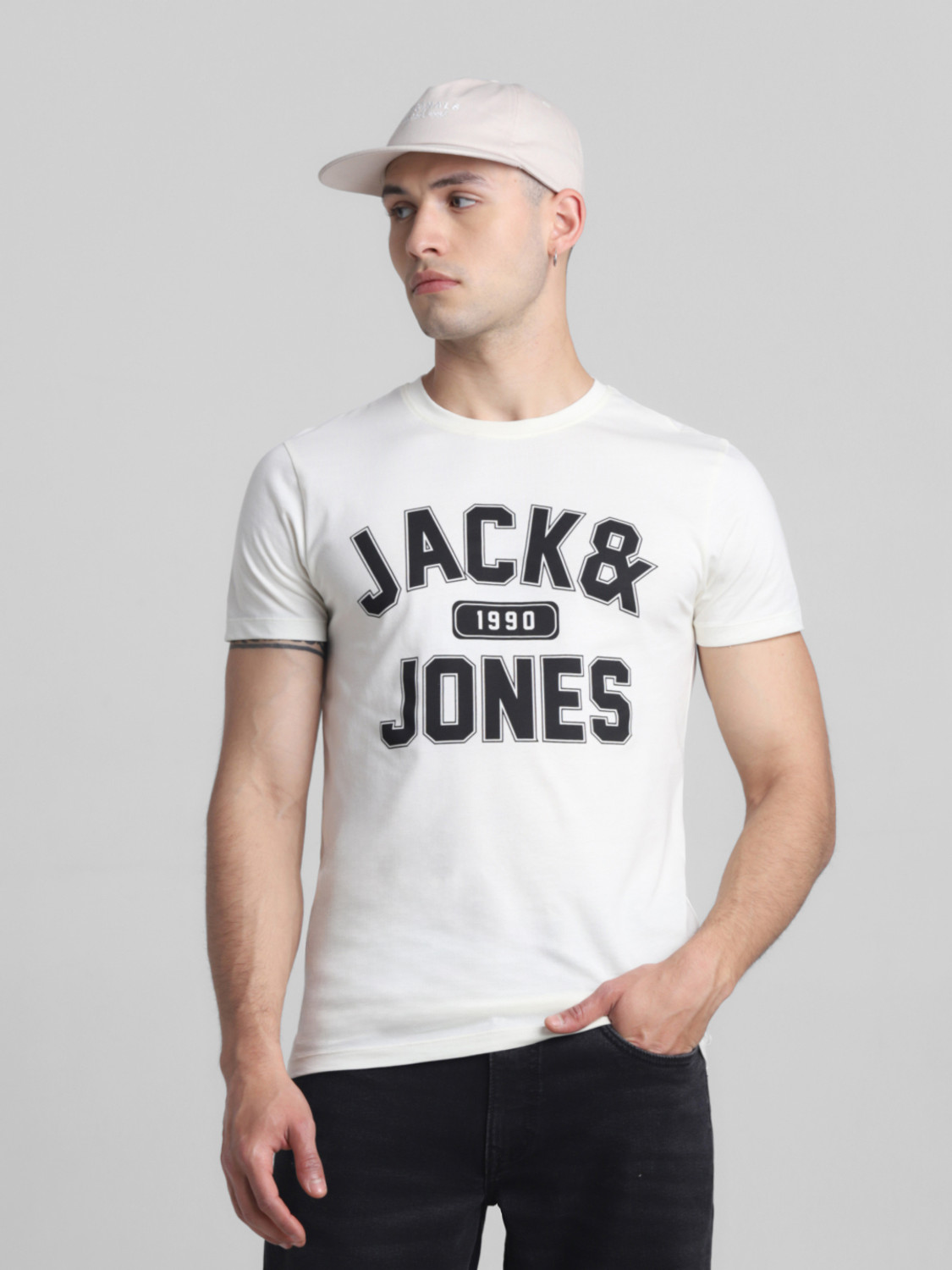 Image of JACK & JONES Typography Men Round Neck White T-Shirt