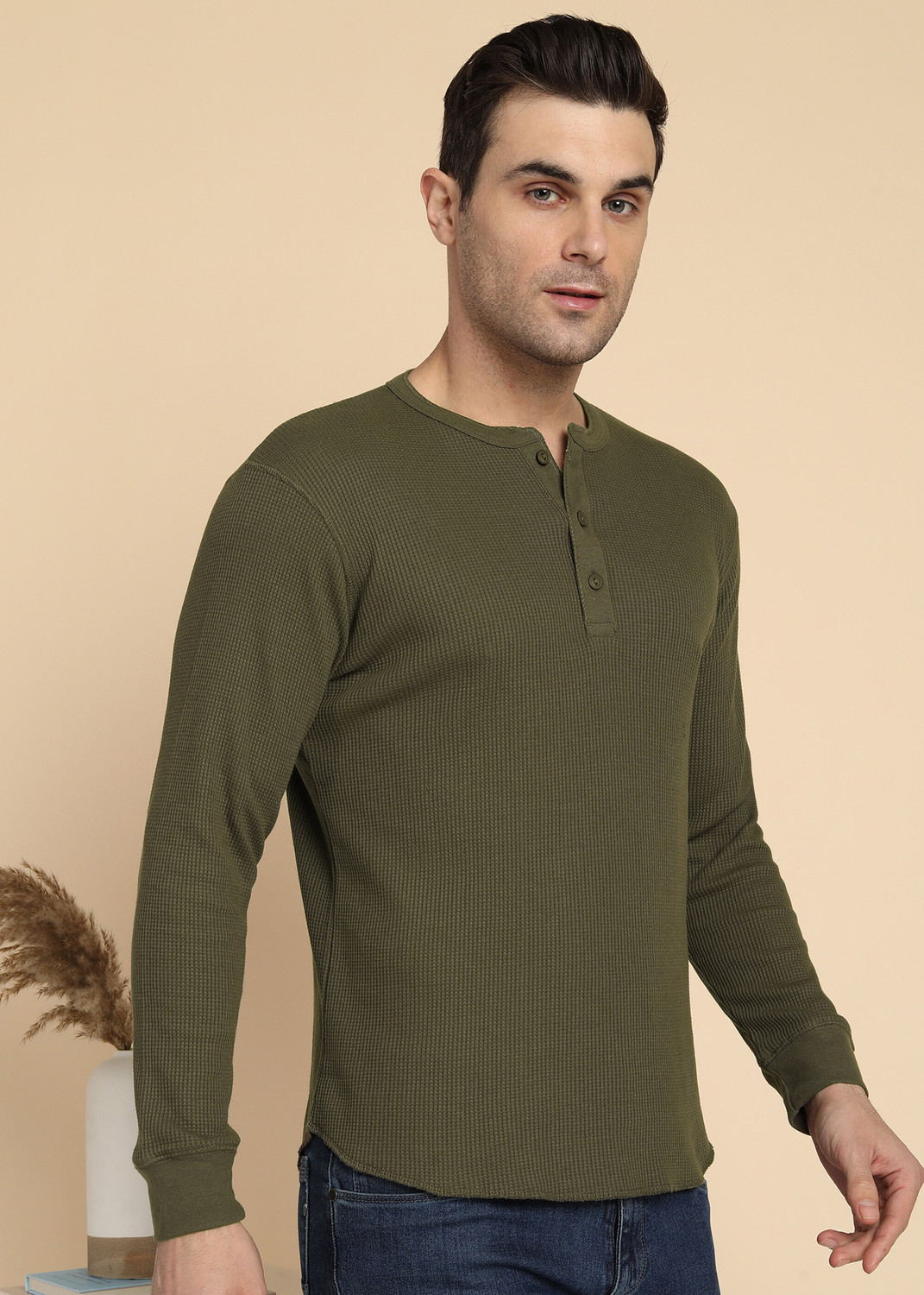 Image of Alan Jones Solid Men Henley Neck Dark Green T-Shirt