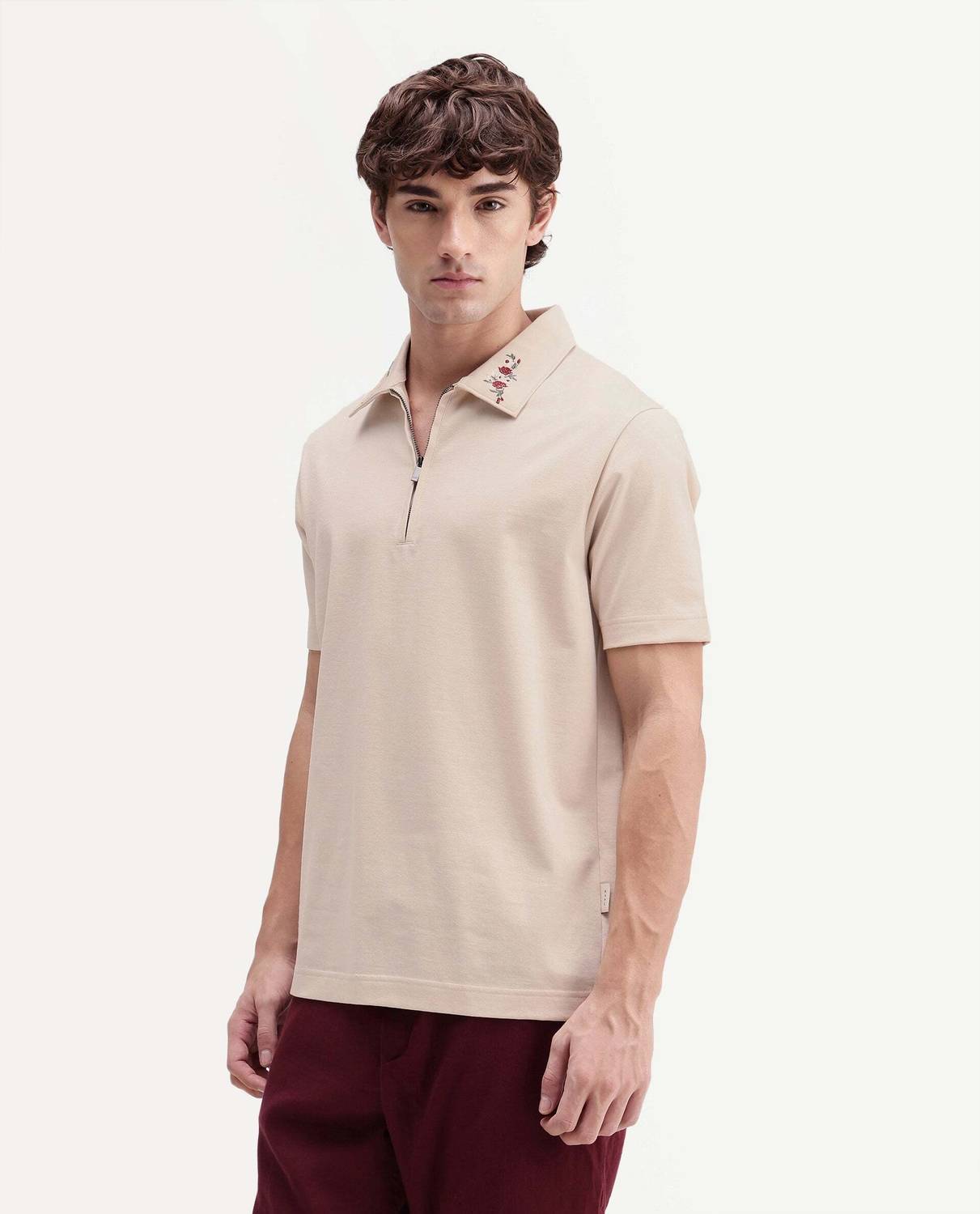 RARE RABBIT Embroidered Men Zip Neck Beige T-Shirt - Image 5