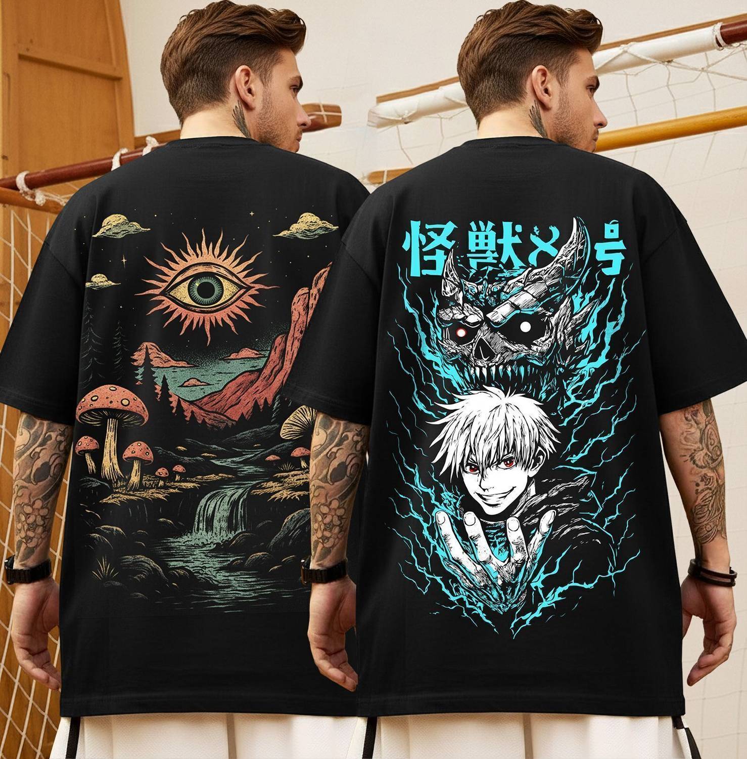 TRIPR Pack of 2 Oversized Men Printed Round Neck Cotton Blend Bla