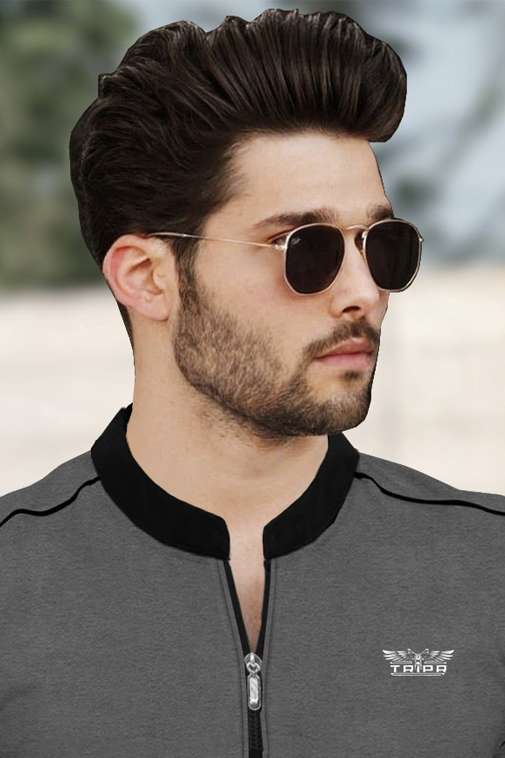 Image of TRIPR Printed Men Mandarin Collar Grey, Black T-Shirt