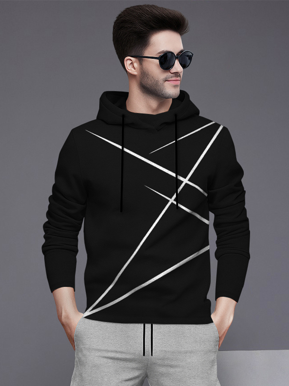 Image of BLIVE Printed Men Hooded Neck Black T-Shirt