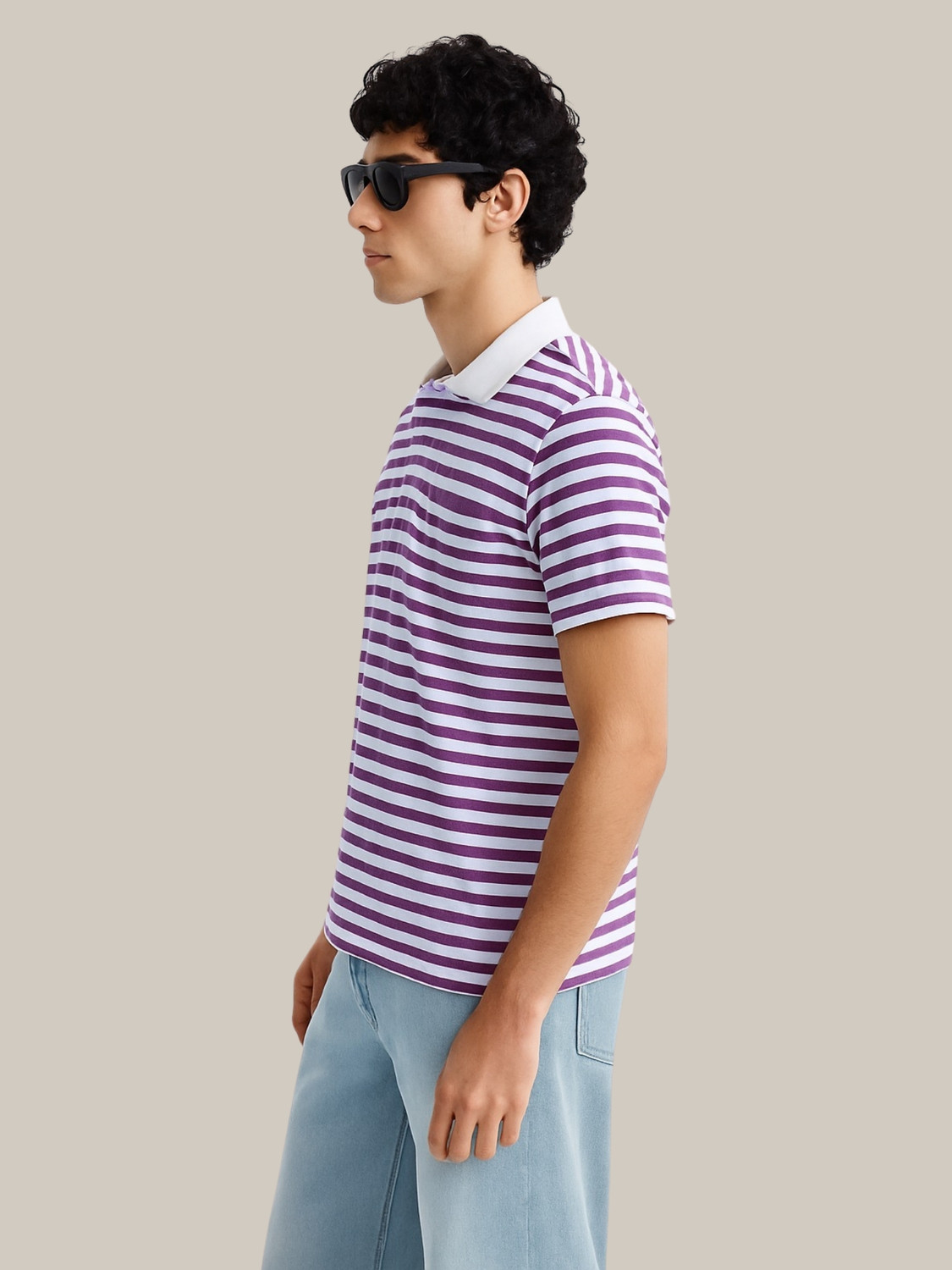 Image of YOUNICK Striped Men Polo Neck Purple T-Shirt