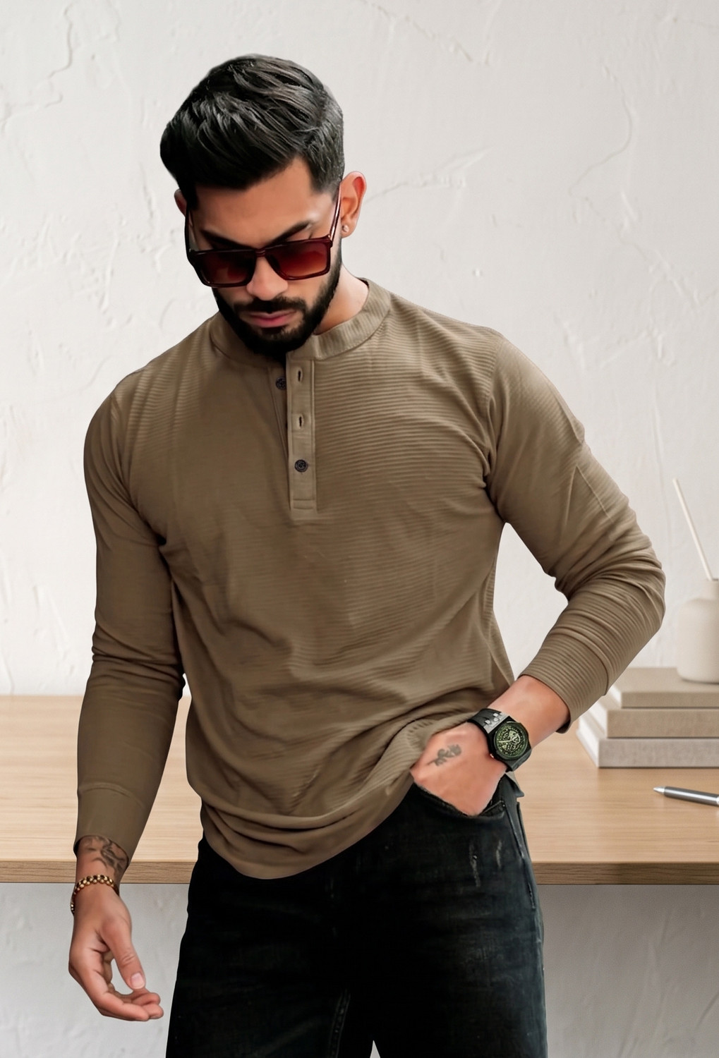 Image of Rufica Self Design Men Mandarin Collar Multicolor T-Shirt