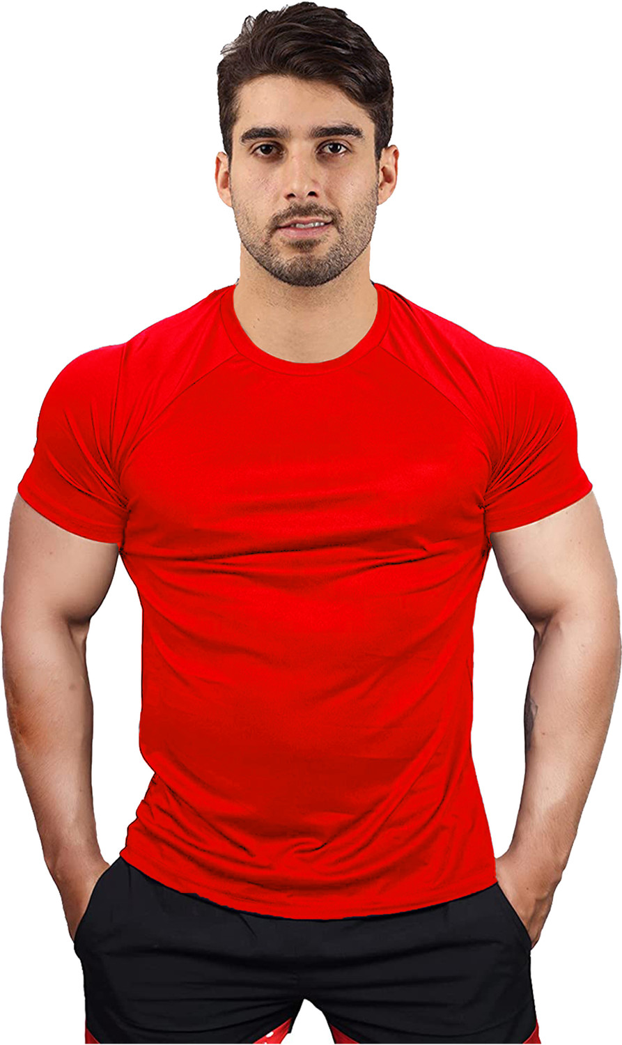 Image of UDI n ADI Solid Men Round Neck Black, Grey, Red T-Shirt