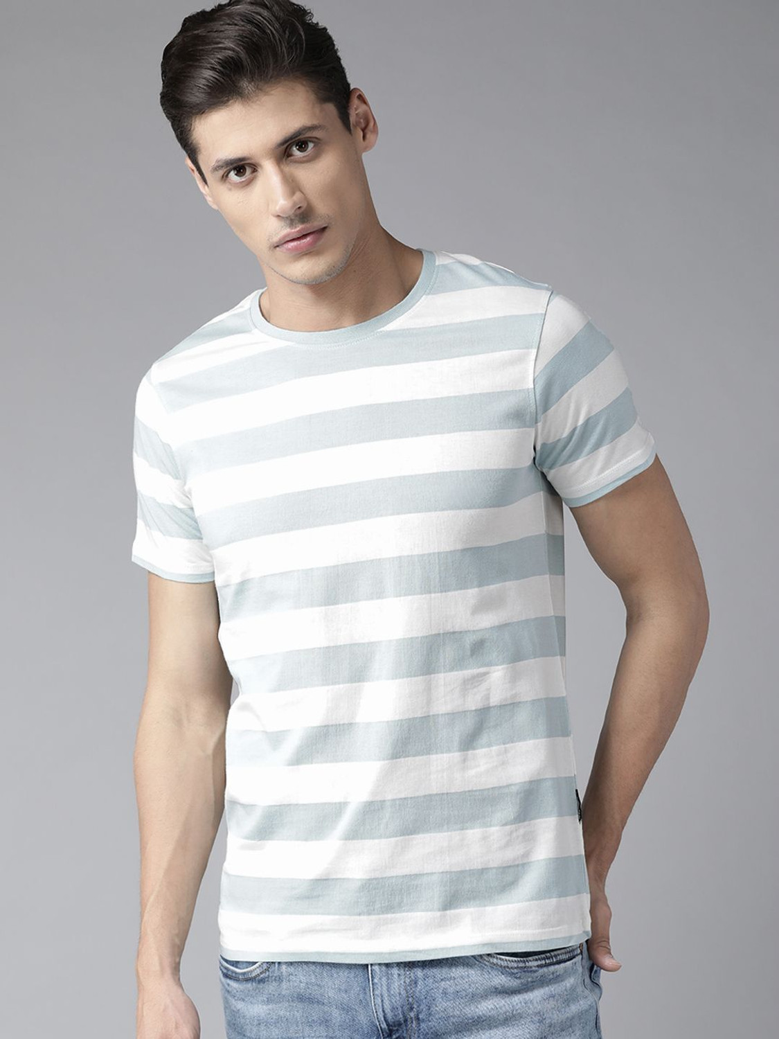 Image of Roadster Striped Men Round Neck Blue, White T-Shirt