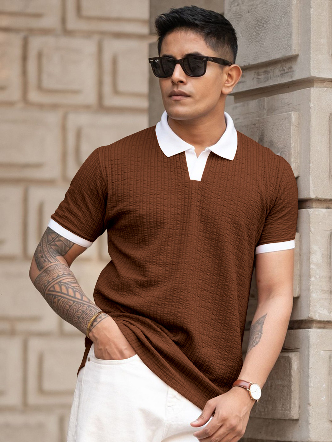 Image of KAJARU Self Design Men Polo Neck White, Brown T-Shirt