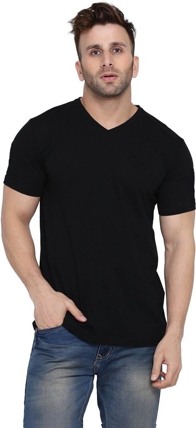 Money Leaf Solid Men V Neck Black T-Shirt