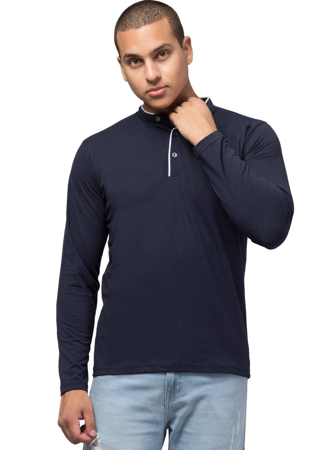Treasurelook Solid Men Mandarin Collar White T-Shirt